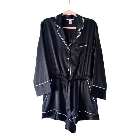 Victorias Secret Satin Sleep Romper Black Long Sleeve Bling Trim Size Small Glam - Picture 1 of 9